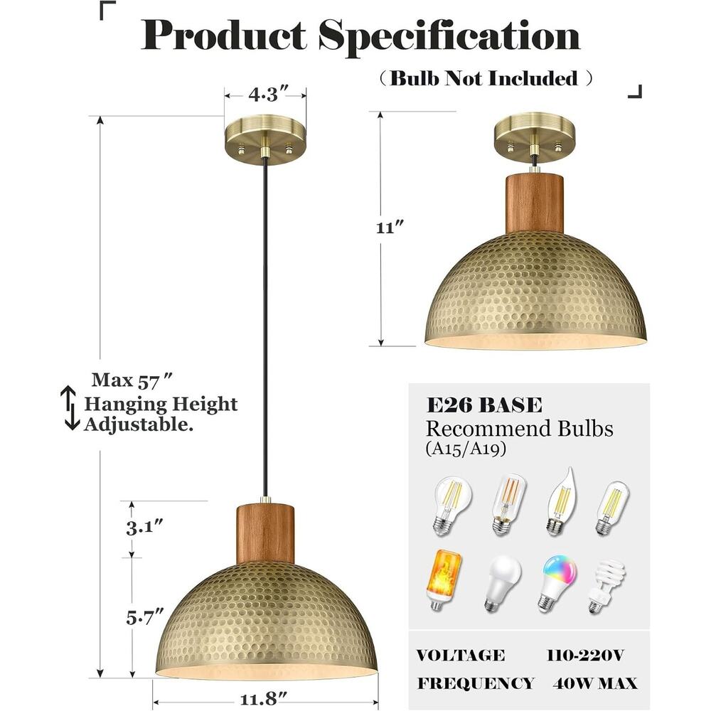 12" Brushed Brass & Wood Industrial Pendant Light - Picture 2 of 3